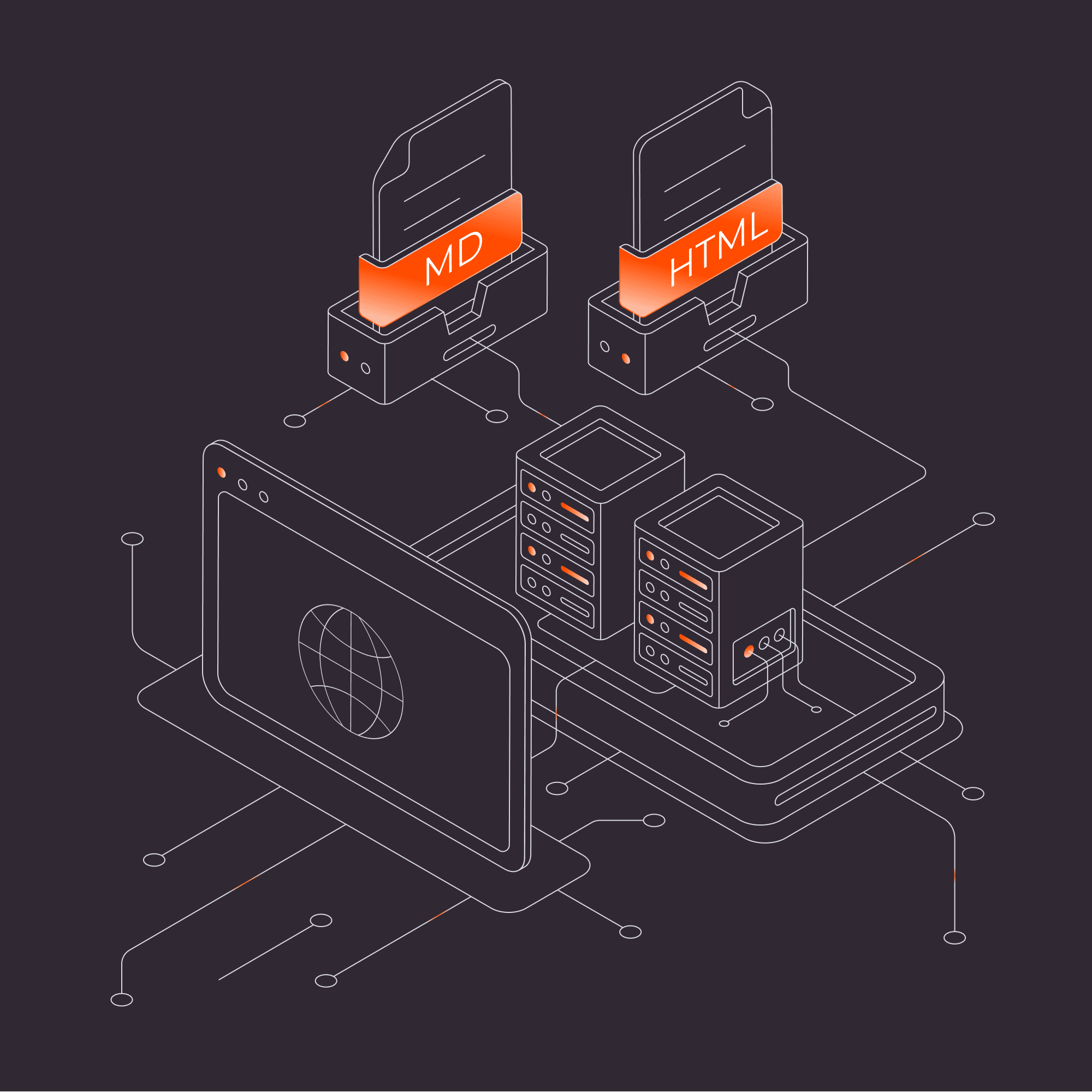 Laptop, servers, MD and HTML files in an isometric network, showing data conversion.