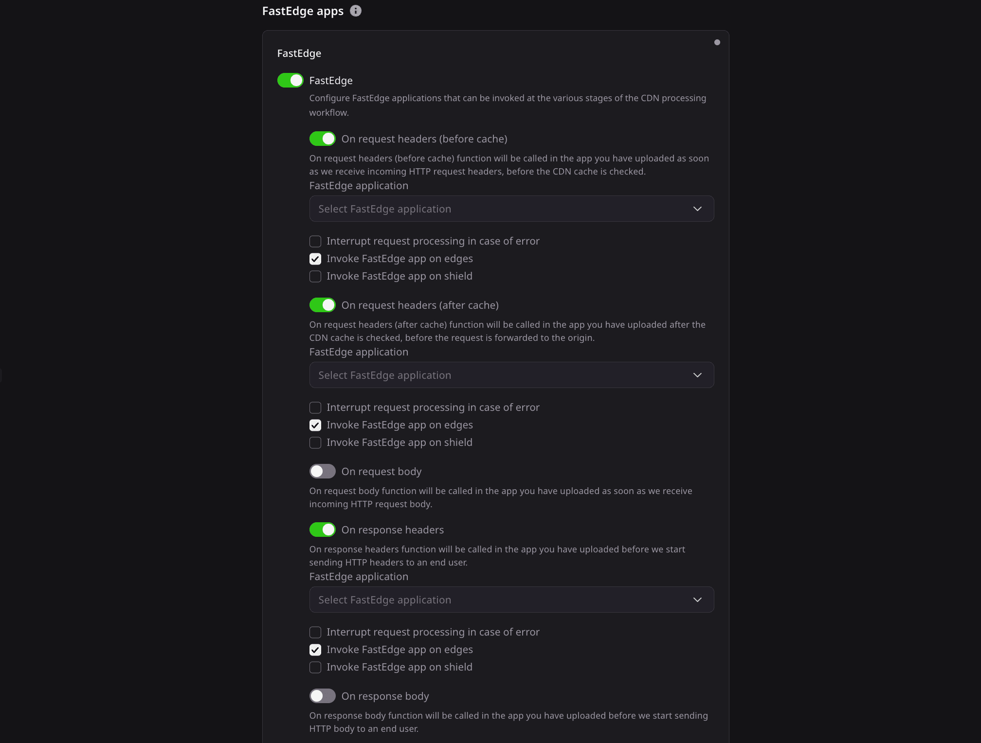 Dark mode settings for a FastEdge app showing request headers and processing options.