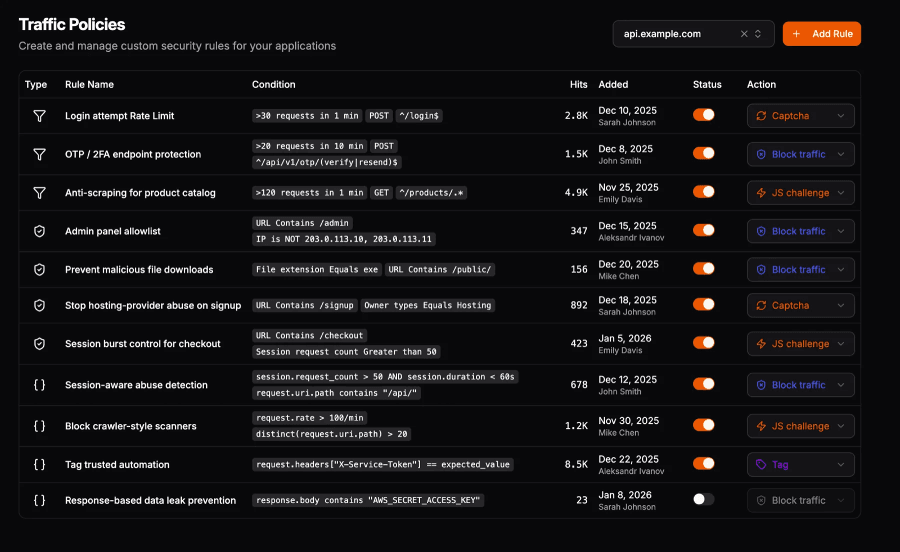 Traffic Policies dashboard displaying a list of application security rules with conditions and actions.