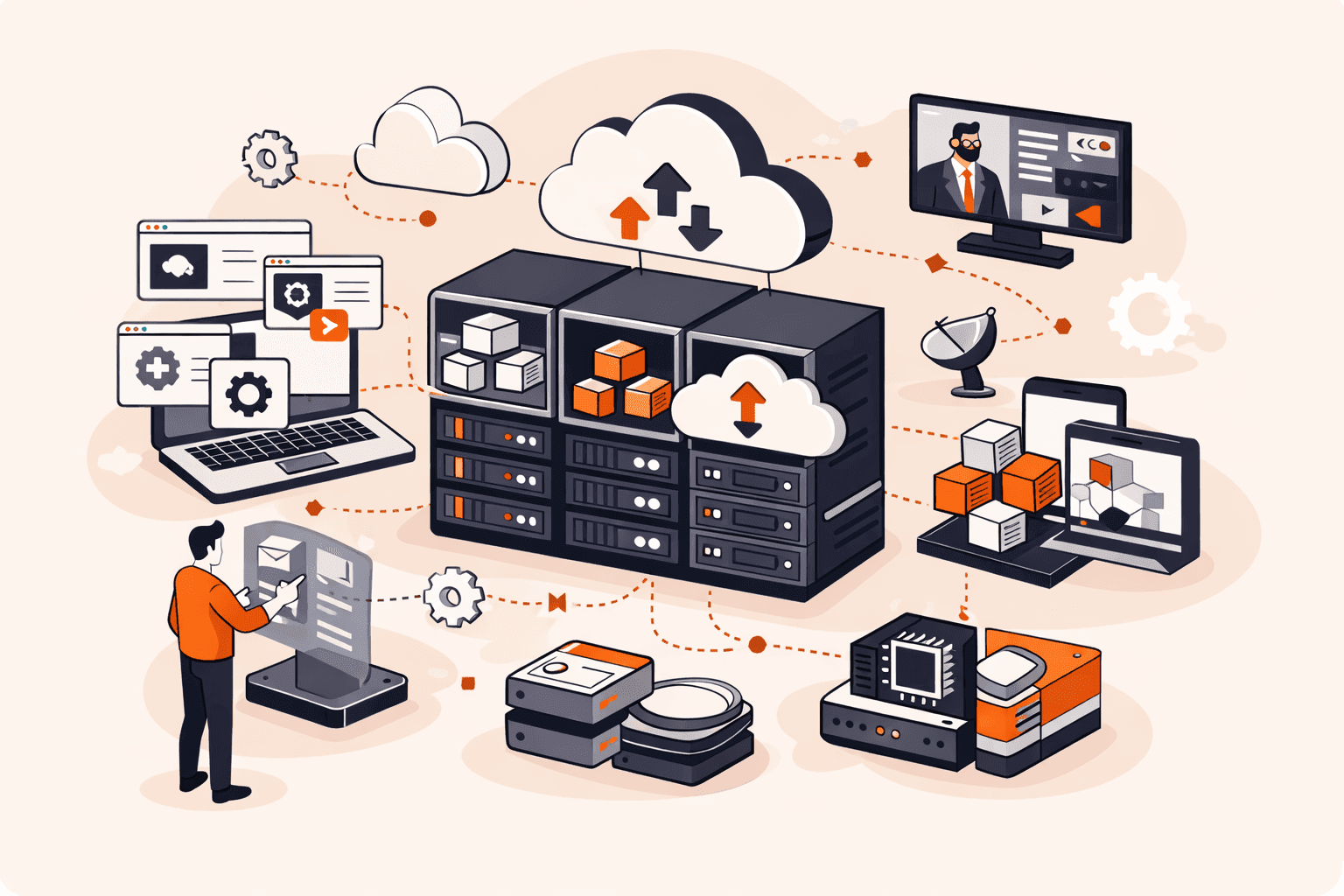 Illustration of cloud computing infrastructure, including servers, data storage, and networked devices.