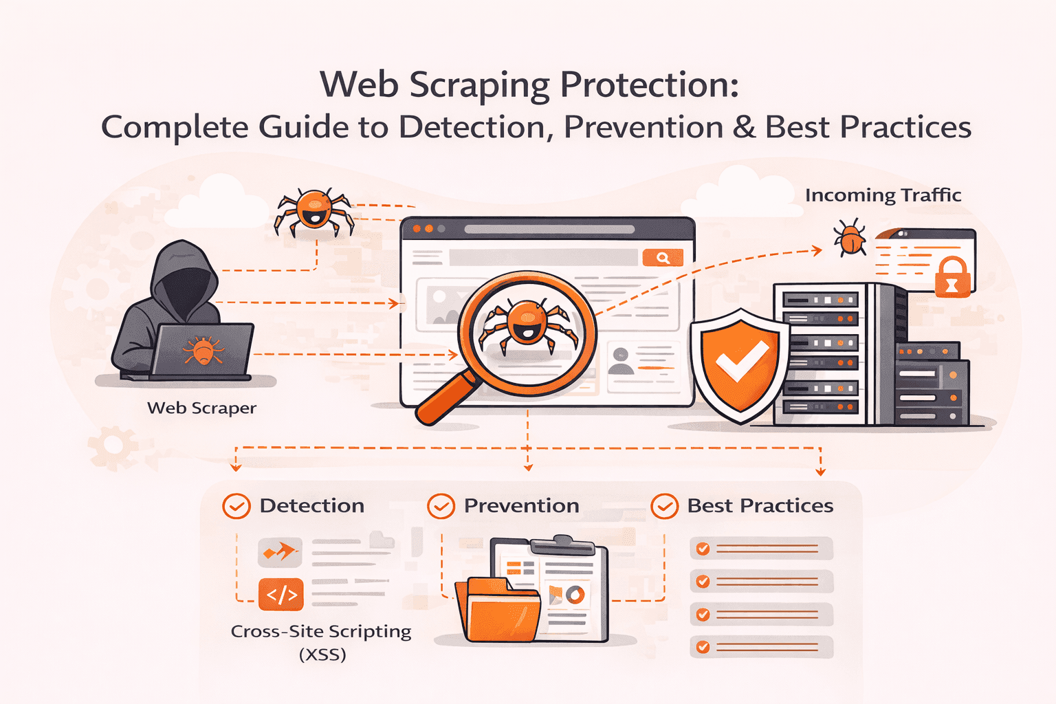 Illustration of web scraping protection strategies: detection, prevention, and best practices.