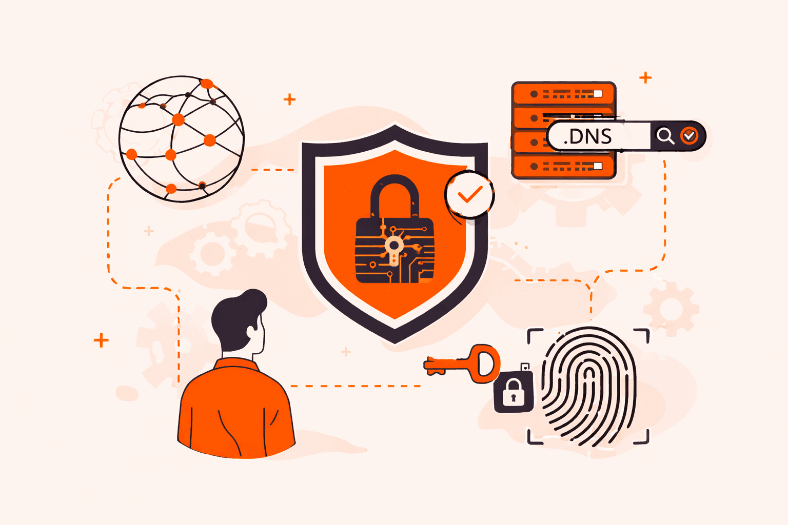 Illustration of network security with a shield, padlock, DNS, global network, and fingerprint.