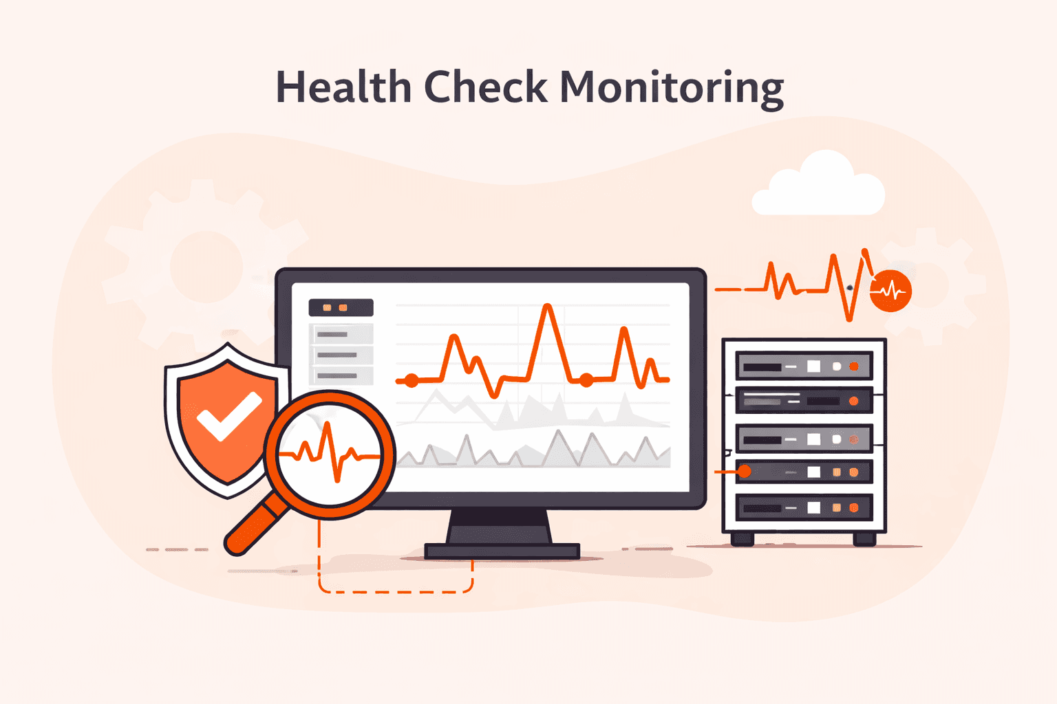 Computer monitor displaying 'Health Check Monitoring' graph with security shield and servers.