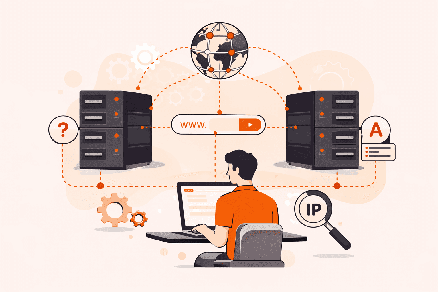 Illustration of a person managing DNS settings, connecting web servers to a global internet network.