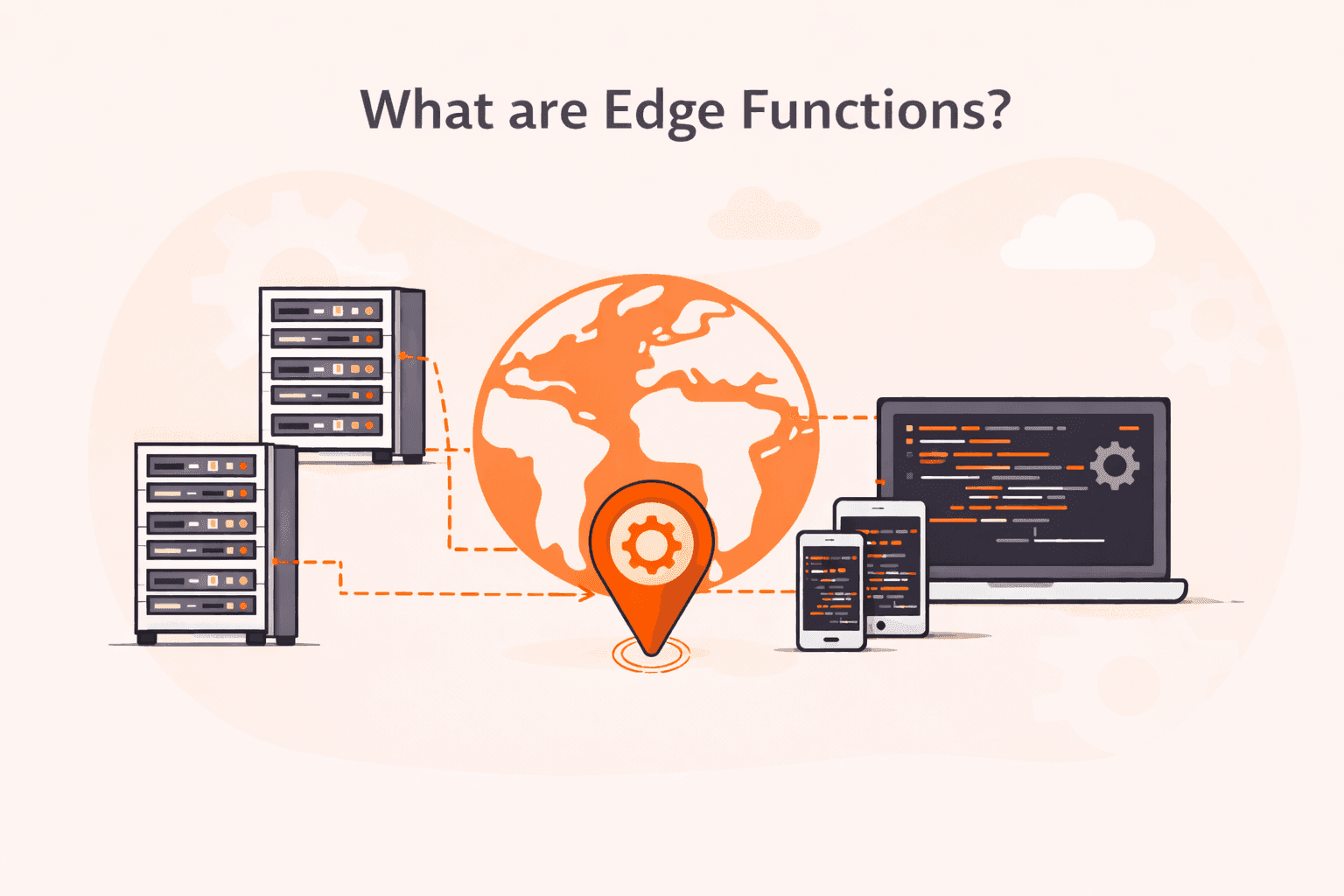 Graphic titled 'What are Edge Functions?', showing servers connecting globally to user devices.