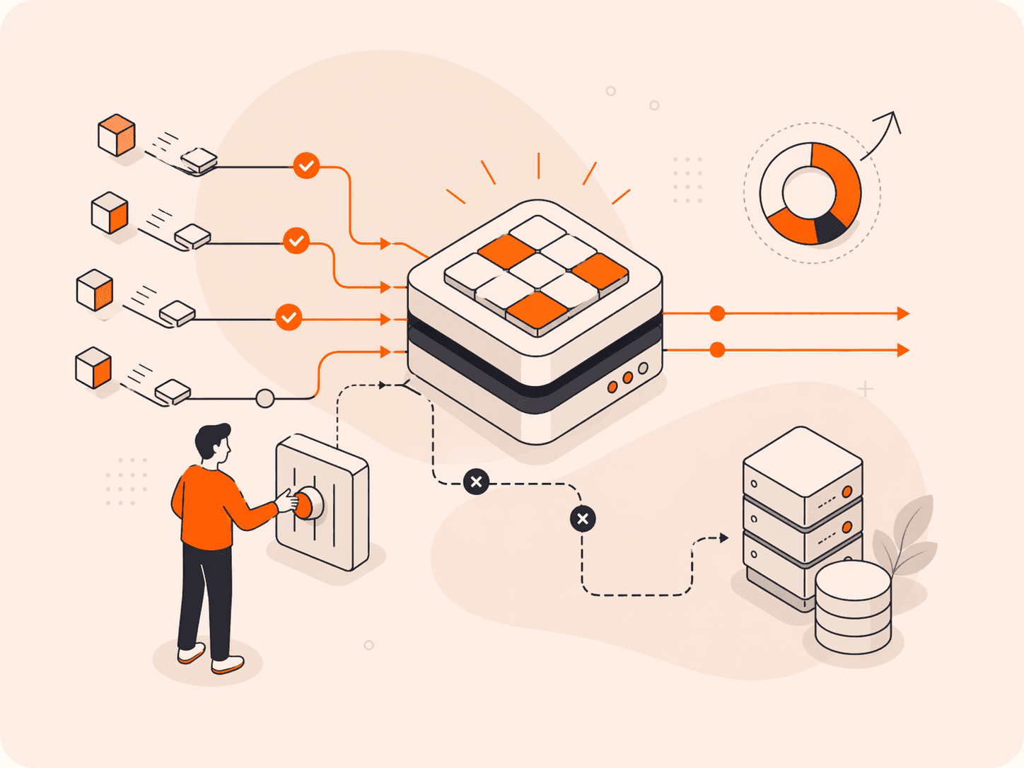 Man interacts with a data processing system showing inputs, a central server, and outputs.