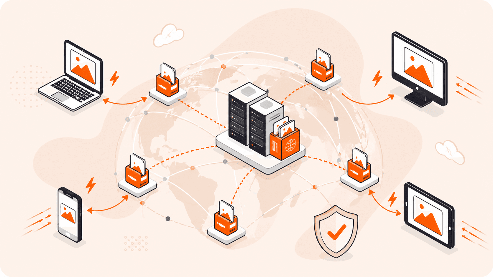 Data network with server, devices, file folders, and security shield over a global map.