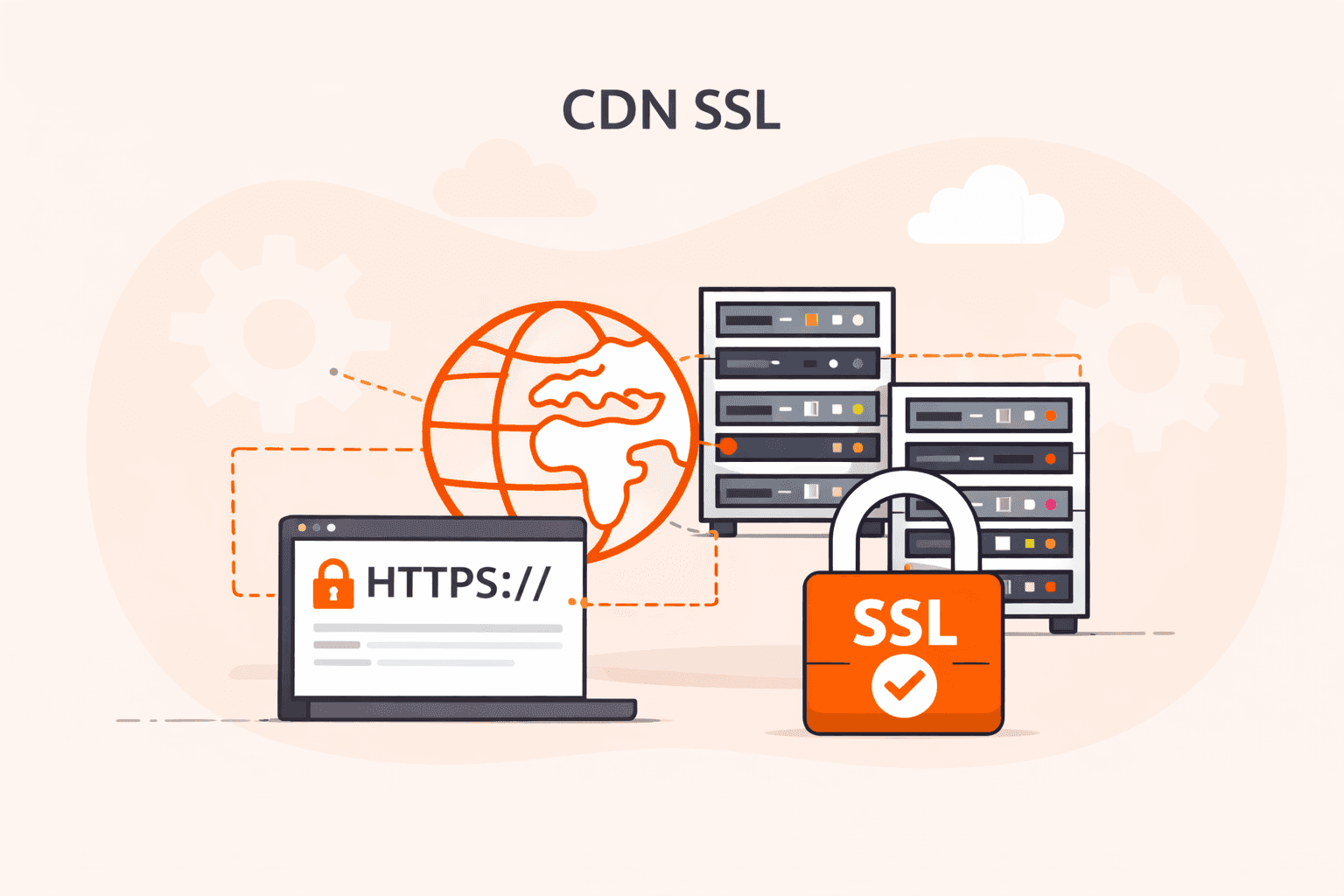 Laptop, globe, and servers secured by an SSL padlock, illustrating CDN SSL.
