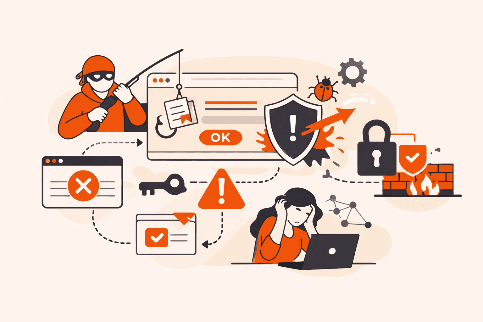 Illustration of a hacker phishing, cyber threats, and a distressed user facing security breaches.