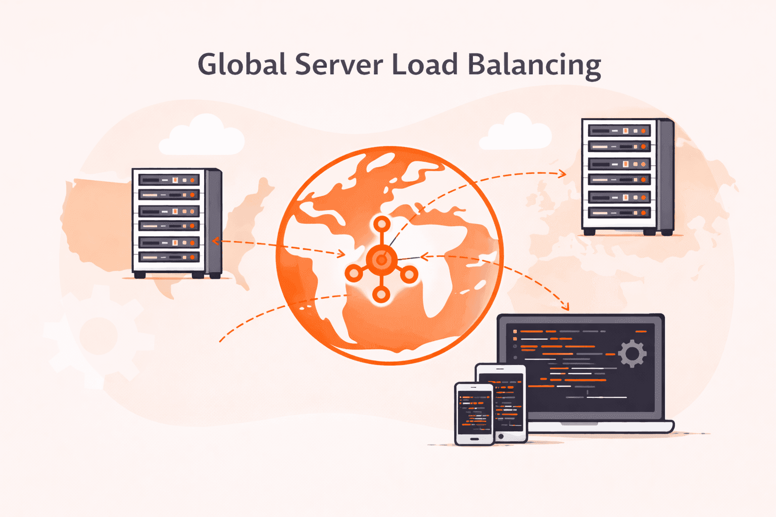 Illustration of global server load balancing with servers, a globe, and client devices.