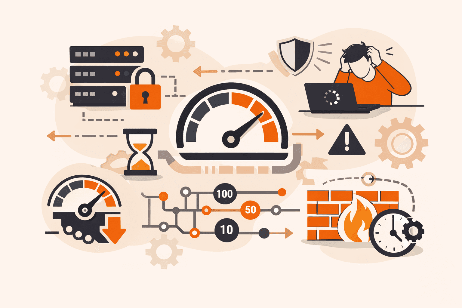Illustration showing slow system performance, data security issues, network problems, and a frustrated user.