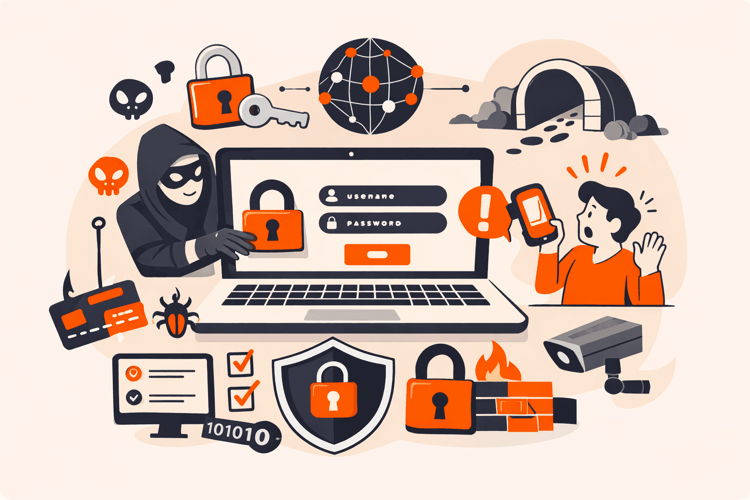 Hacker stealing data from a laptop, surrounded by cybersecurity threats and protective elements.
