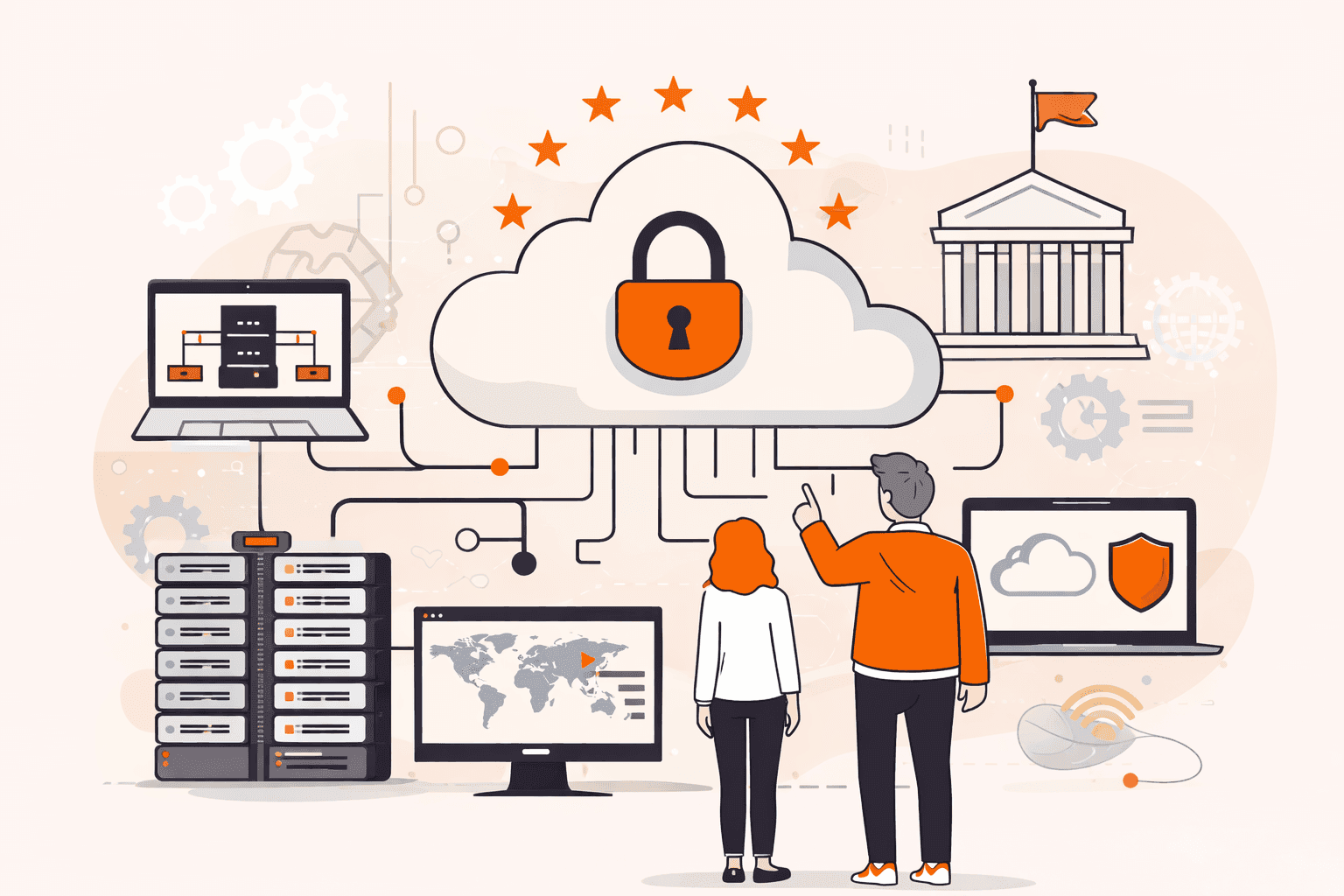 Secure cloud computing infrastructure protecting data, with people, servers, and government institutions.