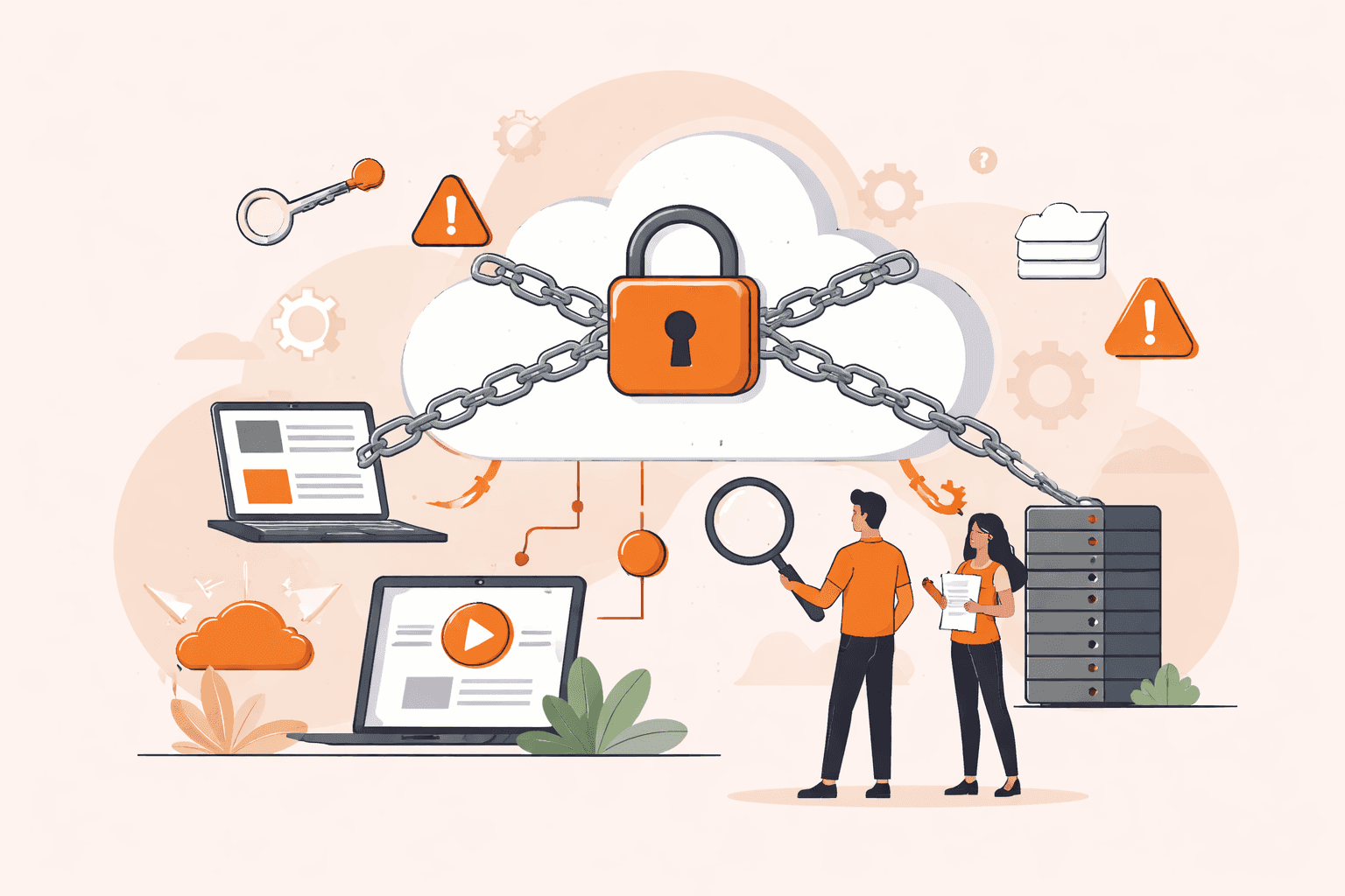 Padlocked cloud secured with chains, representing digital data protection and cybersecurity measures.