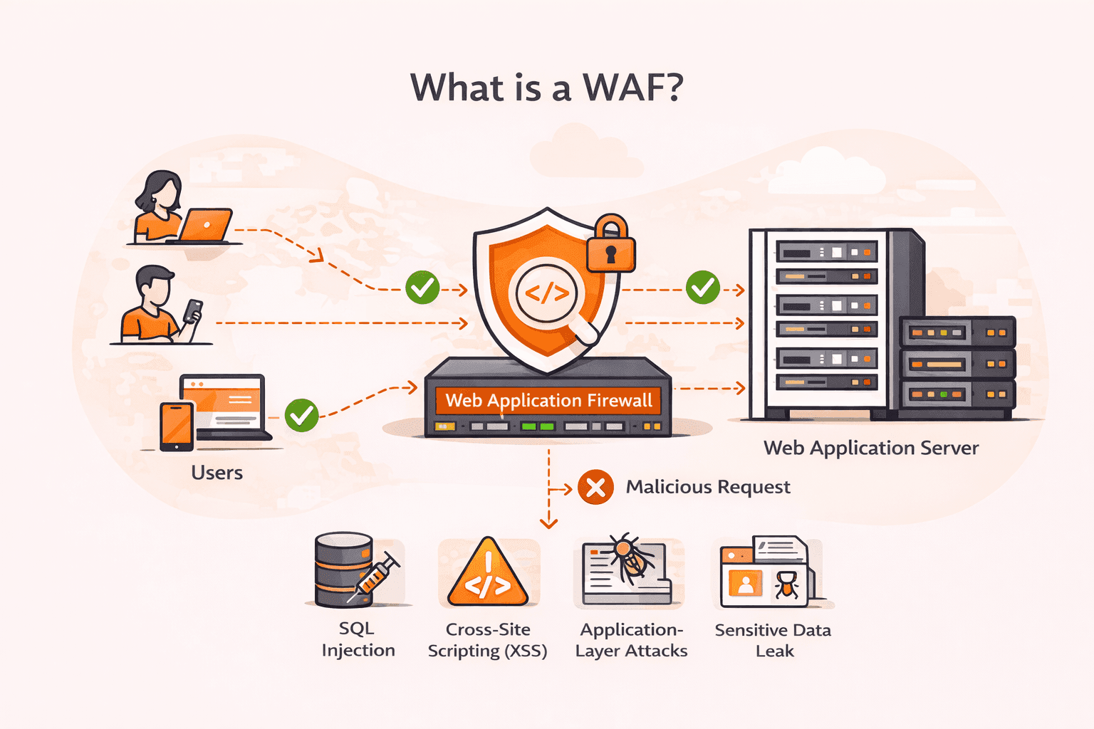 Diagram illustrating how a Web Application Firewall protects servers from various malicious attacks.